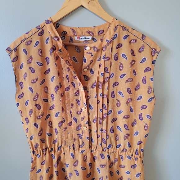 Vintage 70s mustard paisley button front dress with pintucks 1940s style - Picture 5 of 14